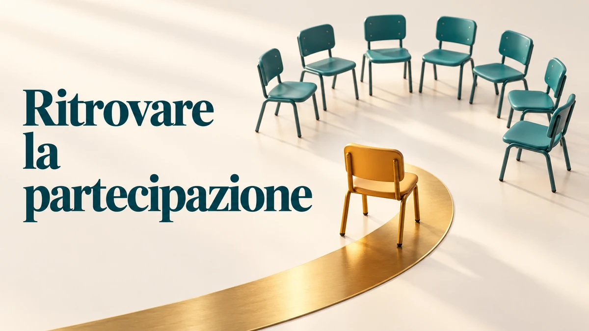 Illustrazione editoriale tridimensionale sul tema ritrovare la partecipazione, con il testo «Ritrovare la partecipazione».