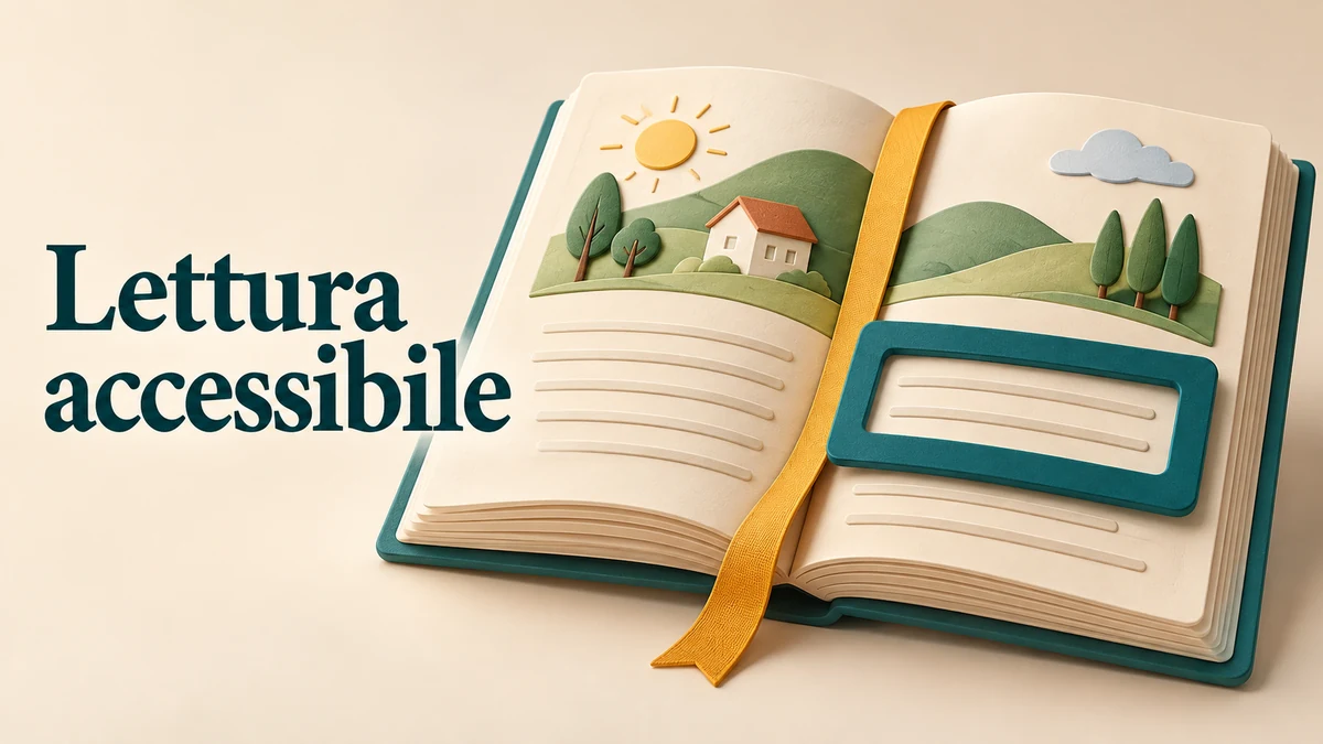 Illustrazione editoriale tridimensionale sul tema lettura accessibile, con il testo «Lettura accessibile».
