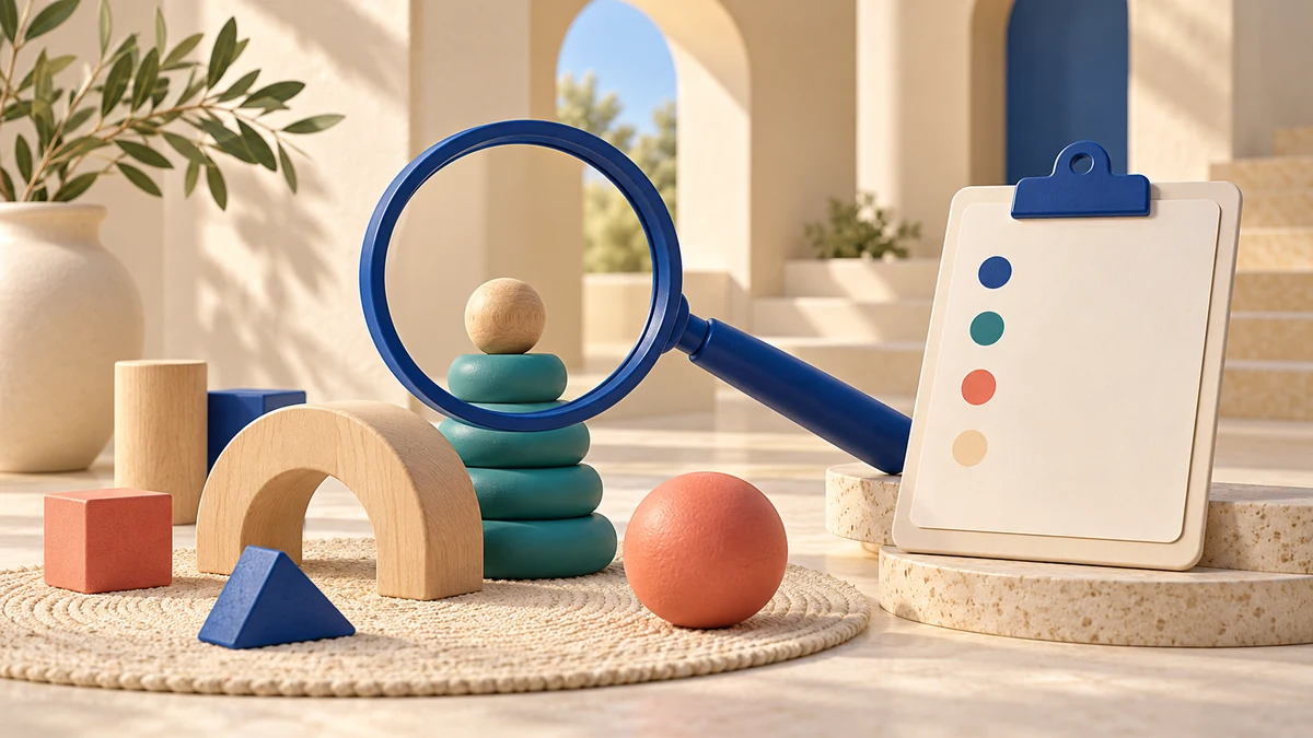 Lente su materiali di gioco e scheda di osservazione per documentare l’infanzia.