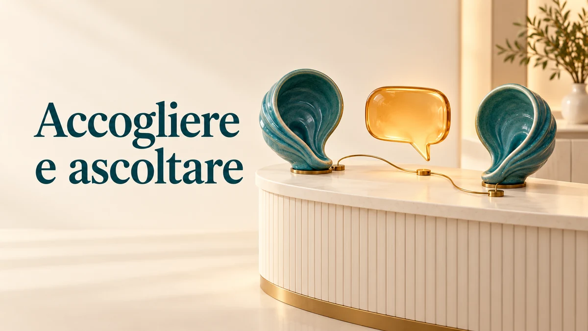 Illustrazione editoriale tridimensionale sul tema accogliere e ascoltare, con il testo «Accogliere e ascoltare».