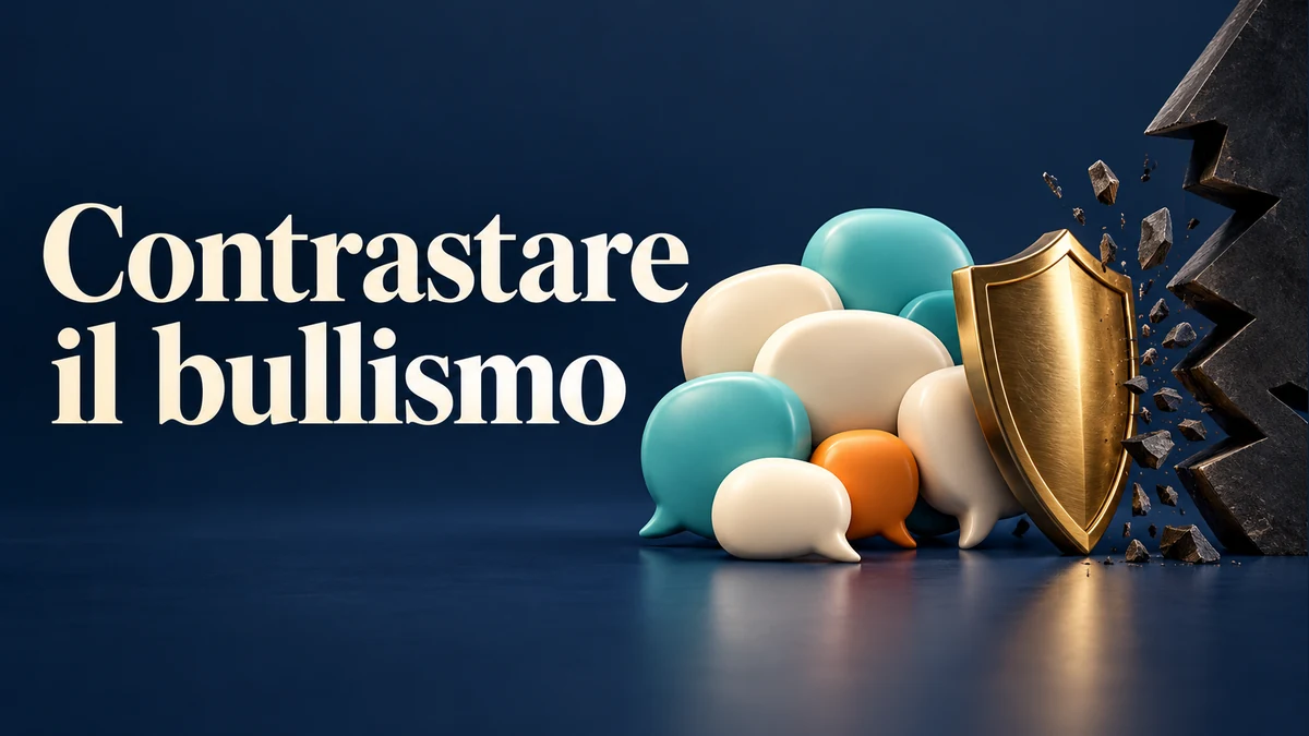 Illustrazione editoriale tridimensionale del tema contrastare il bullismo, con testo «Contrastare il bullismo».