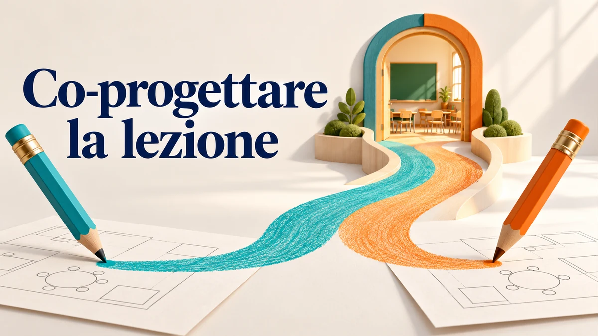 Illustrazione editoriale tridimensionale del tema co-progettare la lezione, con testo «Co-progettare la lezione».